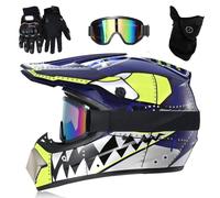 Casco de Motocross Juvenil, Casco de Moto para NiñOs, MX Quad ATV, Deportes Enduro, Casco Integral para Adultos, con Gafas, MáScara Y Guantes(Blue Teeth,M(54-55cm))