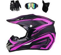 Casco de Motocross Mujer, Negro y Morado, Casco Moto Cross Infantil con Gafas/ Mascarilla/ Guantes, Casco Enduro MTB Integral Adulto para Descenso Enduro MX Quad Motocicleta,S