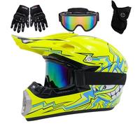 Casco de Motocross para NiñOs Y JóVenes, Aprobado por Dot, para VehíCulos Todo Terreno de Cuatro Ruedas, con Gafas, Guantes Y MáScara, para Descenso, MX, AVT, Moto de Cross(Yellow Moon,M(54-55cm))