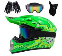 Casco de Motocross para NiñOs Y JóVenes, Aprobado por Dot, para VehíCulos Todo Terreno de Cuatro Ruedas, con Gafas, Guantes Y MáScara, para Descenso, MX, AVT, Moto de Cross(Green Moon,L(56-57cm))