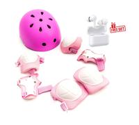 Casco infantil ABS resistente, rodilleras, coderas y muñequeras para ciclismo, color rosa, incluye auriculares