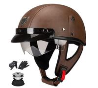 Casco Moto Media Concha de Cuero Retro, Estilo Gorra de Béisbol con Visera Solar Integrada, Homologado ECE R22.06, Guantes y Máscara Incluidos(3,M =(57-58CM))