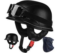 Casco Moto Medio Cuero Retro, Estilo Alemán M35 Vintage Jet, Homologado ECE 22.06, Calota Anti-Champiñón con Gafas & Máscara para Cruiser Chopper Bobber(1,XL 60~62CM)