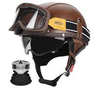 Casco Moto Medio Cuero Retro, Estilo Vintage Cruiser con Visera Solar, Homologado ECE 22.06, Calota Anti-Champiñón con Gafas & Máscara para Bobber Chopper(4,L 57~58CM)