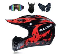 Casco Moto Niño Juvenil Casco Motocross Adultos Cascos Cruzados Offroad ATV MX Enduro Cascos Integral De Descenso MTB Certificado Dot/ECE con Gafas Máscara Guantes,Red/B-S