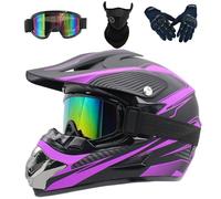 Casco Motocross Niño, Casco Cross Motocicleta MX para Mujer Hombre Adultos y Infantil, Casco de Moto Integral Casco Descenso con Gafas Máscara Guantes(C Purple,S(52-53cm))