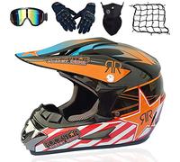 Casco Motocross Niño ECE Homologado, Casco Cross Motocicleta MX Enduro para Mujer Hombre Adultos Infantil, Casco Moto Integral Casco Descenso con Gafas Máscara Guantes Red De Casco (52~59cm),Orange-L