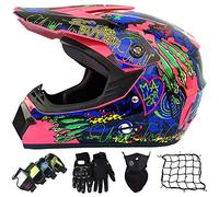 Casco Motocross Niño ECE Homologado, Casco Cross Motocicleta MX Enduro para Mujer Hombre Adultos y Infantil, Casco de Moto Integral Casco Descenso con Gafas Máscara Guantes Red De Casco (52~59cm)