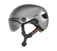 ABUS Casco urbano HUD-Y ACE - elegante casco de bicicleta con visera y luz LED trasera magnética y recargable - para hombre y mujer - plata, talla L