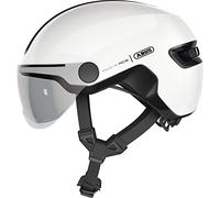 Casco urbano HUD-Y ACE de ABUS: elegante casco de bicicleta con visera y luz trasera LED recargable magnética, para mujer y hombre, blanco brillante, talla M.
