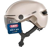Casco Urbano HUD-Y Ace de ABUS: Elegante Casco de Bicicleta con Visera y luz Trasera LED Recargable magnética, para Hombre y Mujer, Color Beige, Talla L.