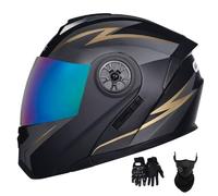 Cascos de Motocicleta para Hombre Y Mujer, Modulares, con Lente Abatible Antivaho, Doble ProteccióN para Adultos, Homologados por El Dot, con MáScara Facial Y Guantes(Style 2,L(59-60cm))