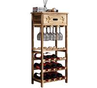CASEGO Estante de Vino de pie de Madera Maciza Cuatro Capas con cajones y Estante Colgante hogar Simple Vitrina de Vino Tinto (Log Color)