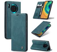 CaseMe Cuero Funda Compatible con Huawei Mate 30,Ranuras para Tarjetas Soporte,Vintage Cierre Magnético Capa Plegable Cartera,Tapa Carcasa para Huawei Mate 30, Azul
