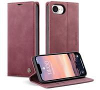 CaseMe Cuero Funda Compatible con iPhone 16E,Ranuras para Tarjetas Soporte,Vintage Cierre Magnético Capa Plegable Cartera,Tapa Carcasa para iPhone 16E, Rojo