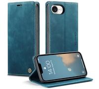 CaseMe Cuero Funda Compatible con iPhone 16E,Ranuras para Tarjetas Soporte,Vintage Cierre Magnético Capa Plegable Cartera,Tapa Carcasa para iPhone 16E, Azul