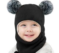 Casenly Conjunto de Bufanda y Gorro de Punto, 3 En 1 Gorros para Niño Niña Bebé Invierno Bufanda con Capucha Sombrero de Invierno Doble Pompón Lindos Pasamontañas para Niño Niña, Negro