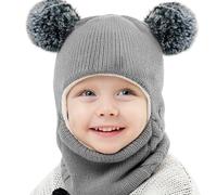 Casenly Conjunto de Bufanda y Gorro de Punto, 3 En 1 Gorros para Niño Niña Bebé Invierno Bufanda con Capucha Sombrero de Invierno Doble Pompón Lindos Pasamontañas para Niño Niña, Gris