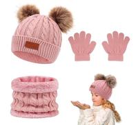 Casenly Conjunto de Guantes de Bufanda de Gorro de Invierno para Niños, Rosa 3 en 1 Guantes y Bufanda Forro Polar Niños Set, Kit de Gorro Punto Térmico Invierno con Pompon para Niños Niñas 1-5 Años