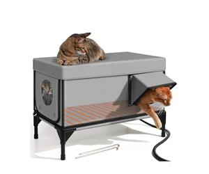 Caseta calefactable for Gatos de Exterior, Resistente a la Intemperie, con Almohadilla térmica y Puerta de Escape aislada y Segura. Refugio Exterior for Gatos Salvajes y Perros pequeños.(Gray,L)