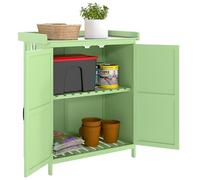 Caseta de jardín de madera Outsunny, caseta para guardar herramientas de jardín con techo abatible y estante, armario de almacenamiento exterior con puertas dobles, color verde claro.