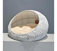 Caseta de Mimbre para Gatos, Nido de Mimbre para Gatitos, Cama de ratán para Interior y Exterior, acogedora Cueva con cojín Suave Lavable, 50 x 40 x 35 cm, Color Rosa