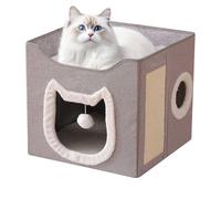 Caseta para gatos, casa para animales domésticos, plegable, 2 capas, grande, acogedora, con rascador y pelota para perros y gatos, para casa, interior, exterior e invierno