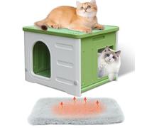 Caseta para gatos de plástico para uso en interiores y exteriores, apilable, refugio para gatos de interior, aislado, resistente a la intemperie, resistente al agua, verde
