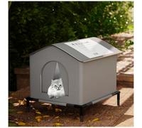 Caseta para gatos exterior elevada de 7 cm, alojamiento impermeable y resistente a la humedad con techo inclinado y drenaje, caseta aislada para gatos callejeros en el jardín, ideal para otoño e