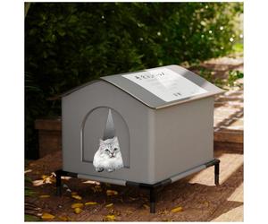 Caseta para gatos exterior elevada de 7 cm, alojamiento impermeable y resistente a la humedad con techo inclinado y drenaje, caseta aislada para gatos callejeros en el jardín, ideal para otoño e