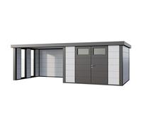 Caseta para jardín Classico 3330 con salón a la izquierda y 2 ventanas (Medidas ext. (An x Pr): 692 x 318 cm, Acero, Blanco/Antracita, Sin set)