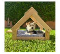 Caseta para perro, interior y exterior color natural- cama para mascota, estructura de madera natural fsc, perros y gatos, con soporte para 2 cuencos