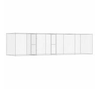 Casetas para perros rectangulares grandes al aire libre en gris plata, hechas de acero galvanizado.Son impermeables y requieren ensamblaje.Miden 6x2m, tienen una textura lisa y no necesitan st