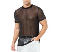 Casey Kevin Camiseta Transparente Hombre Camisa Fiesta Lentejuelas Negra Brillo Manga Corta Rejilla Brillante Rock Ropa Punk Muscle T-Shirt Discoteca Club Nocturno Jazz Hip Hop Dance Clubwear