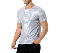 Casey Kevin Camisetas Metálica Brillante Manga Corta Hombre, Camiseta Lentejuelas Hombre Camisas Dorada Plateada Camisa Brillante Hombre para Club Fiesta Discoteca Años 70 80, L