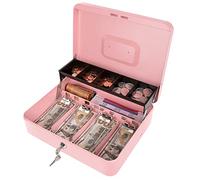 Cash Box with Lock and Money Tray Metal Money Box with Key for Cash Large Lock Box for Money Tiered Pink 11.8 x 9.4 x 3.54 Inches