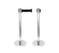 CASHDISPLAY - Pack 2 Postes Separadores con Cinta Extensible - Poste Cromado y Cinta Negra | Catenarias Eventos Estable y Resistente | Ideal para Fiestas y Comercios | 32cm diámetro x 2 m