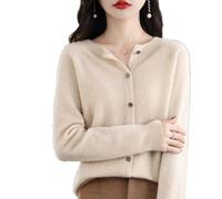 Cashmere Cardigan, Cashmere Sweaters for Women, Crew Neck Long Sleeve Soft Warm Cardigans Sweater (Small,Beige)