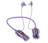 CashMuch M101S - Auriculares deportivos con banda para el cuello, tiempo de funcionamiento de 20 horas, reducción de ruido IA, agua IP55, modo de juego de respuesta rápida (morado)