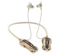 CashMuch M101S - Auriculares deportivos con banda para el cuello, tiempo de funcionamiento de 20 horas, reducción de ruido IA, agua IP55, modo de juego de respuesta rápida (dorado)