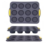 CashMuch Molde de silicona para magdalenas con 12 cavidades con marco de acero inoxidable, bandeja para hornear magdalenas y mini pasteles