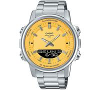 Casio AMW880D-9AV - Reloj analógico digital de acero inoxidable para hombre, esfera amarilla, doble zona horaria, Amarillo