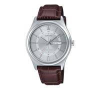 Casio MTP-V006L-7C - Reloj analógico de 3 manecillas con correa de cuero para hombre, esfera plateada de 24 horas, fecha y día, plateado, Casual