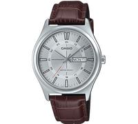 Casio MTP-V006L-7C - Reloj analógico de 3 manecillas con correa de cuero para hombre, esfera plateada de 24 horas, fecha y día, plateado, Casual