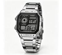 Casio Serie AE1200WH | Reloj Digital para Hombre | 100M WR | Alarmas Múltiples | Cronómetro de 100 segundos | Temporizador de Cuenta Regresiva | Mapa del mundo para el mundo AE-1200WHD-1AV
