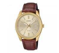 Casio - Reloj analógico MTP-1302PGL-9AVEF para hombre con correa de cuero auténtico, caja chapada en iones dorados y cristal mineral, resistente al agua hasta 5 bares (50 m), fecha a las 3, diseño