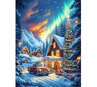 Casita navideña bajo Auroras boreales Puzzle 1000 Piezas Educativo Construir Rompecabezas 3D para Familia Maquetas Educativas Desafío Intelectual Decoración Hogar 1000 PCS