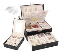 Casiwaft Caja Joyero con 2 Niveles de PU, Caja Joyero con Cajones, Caja Organizador de Joyas con Estuche para Joyería Portátil para Joyas para collares, pendientes, anillos, relojes, Negro