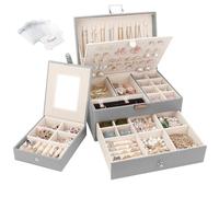 Casiwaft Caja Joyero con 2 Niveles de PU, Caja Joyero con Cajones, Caja Organizador de Joyas con Estuche para Joyería Portátil para Joyas para collares, pendientes, anillos, relojes, Gris