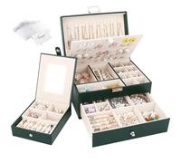Casiwaft Caja Joyero con 2 Niveles de PU, Caja Joyero con Cajones, Caja Organizador de Joyas con Estuche para Joyería Portátil para Joyas para collares, pendientes, anillos, relojes, Verde oscuro